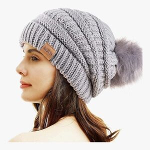 Gray Knit Beanie with Pom Pom soft fleece lining NWT